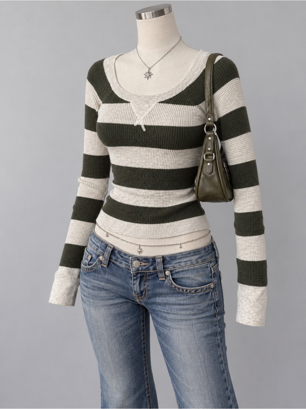 American Eagle Outfitters Olive & Cream Striped Scoop Neck Thermal Sweater
